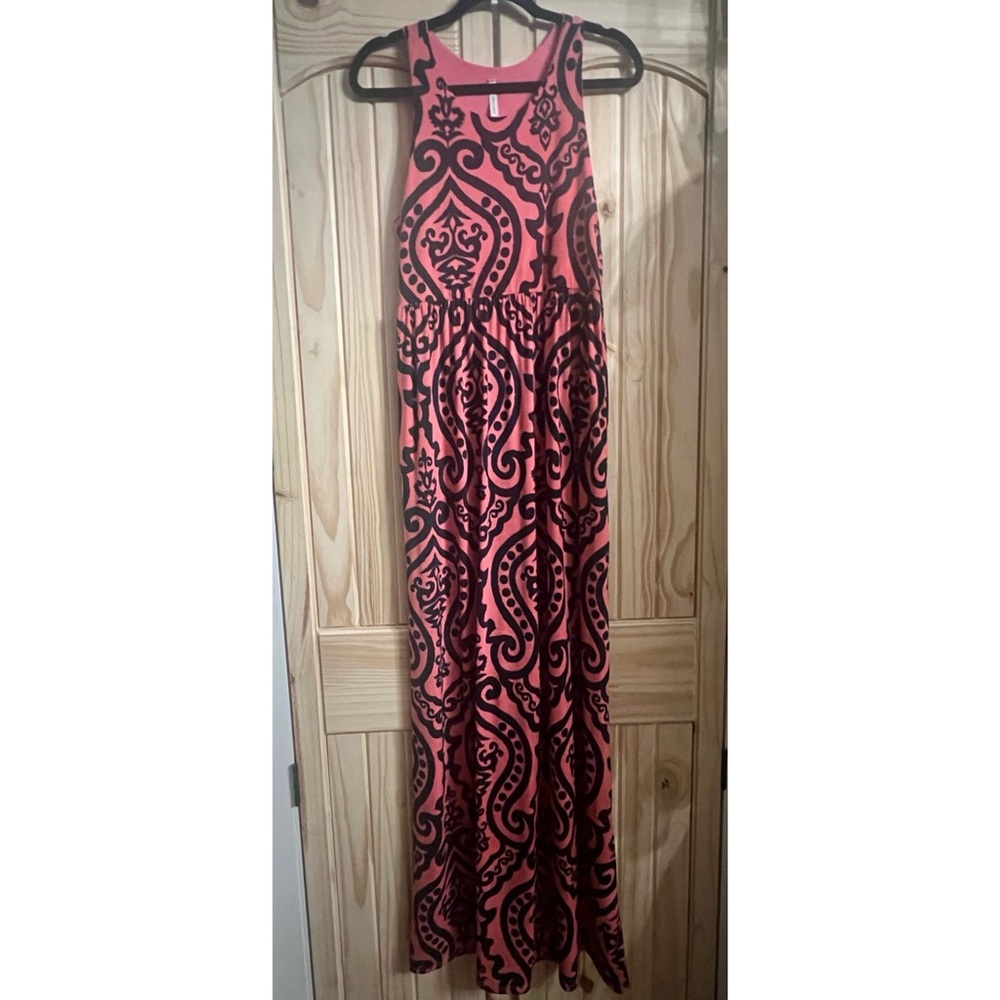 Bellamie Coral Pink & Navy Blue Patterned Maxi Dress